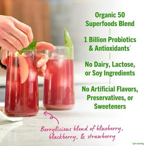 Organic Greens Powder + 50 Superfoods, Berry - 1 Billion Probiotics for Digestive Health, Antioxidants, Vegan, Plant-Based, Gluten-Free, Non-GMO, Green Juice & Smoothie Drink Mix - 0.62lb