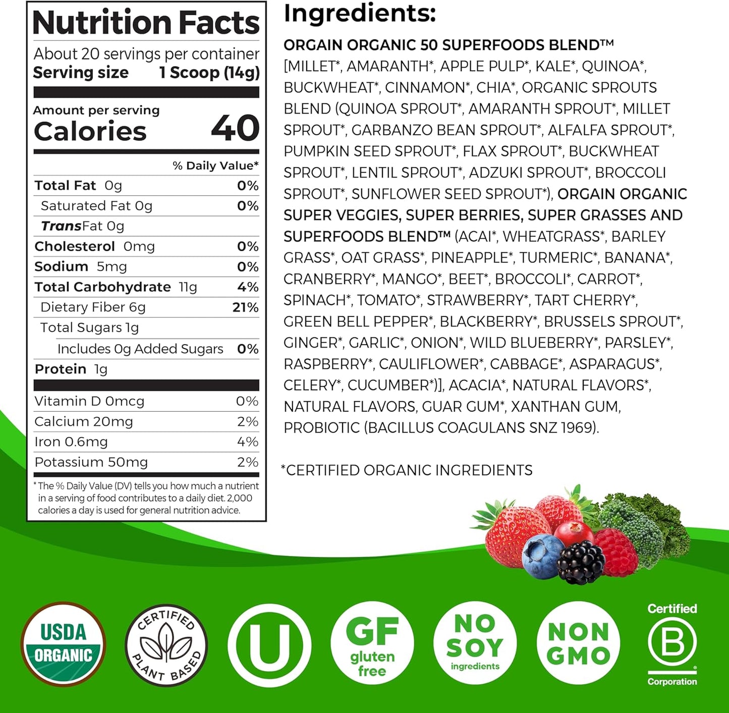 Organic Greens Powder + 50 Superfoods, Berry - 1 Billion Probiotics for Digestive Health, Antioxidants, Vegan, Plant-Based, Gluten-Free, Non-GMO, Green Juice & Smoothie Drink Mix - 0.62lb