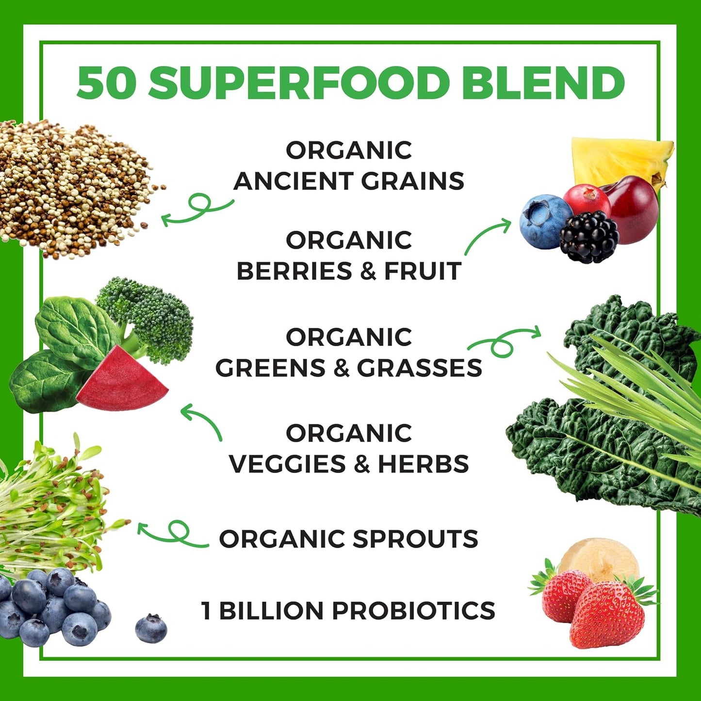 Organic Greens Powder + 50 Superfoods, Berry - 1 Billion Probiotics for Digestive Health, Antioxidants, Vegan, Plant-Based, Gluten-Free, Non-GMO, Green Juice & Smoothie Drink Mix - 0.62lb