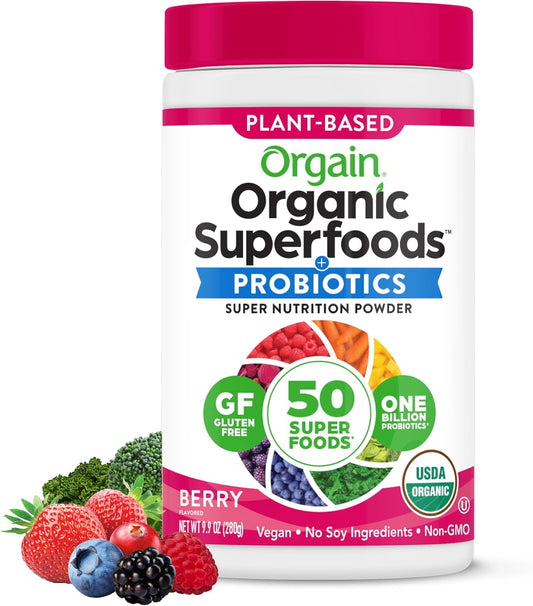 Organic Greens Powder + 50 Superfoods, Berry - 1 Billion Probiotics for Digestive Health, Antioxidants, Vegan, Plant-Based, Gluten-Free, Non-GMO, Green Juice & Smoothie Drink Mix - 0.62lb